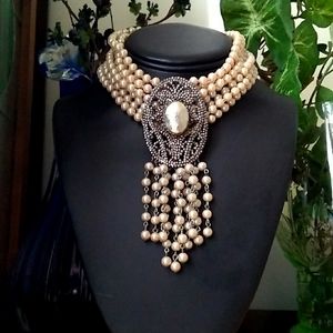 RARE SANDOR 7-Layer Glass Pearl Choker w L W PARIS Cut Steel Slide Buckle